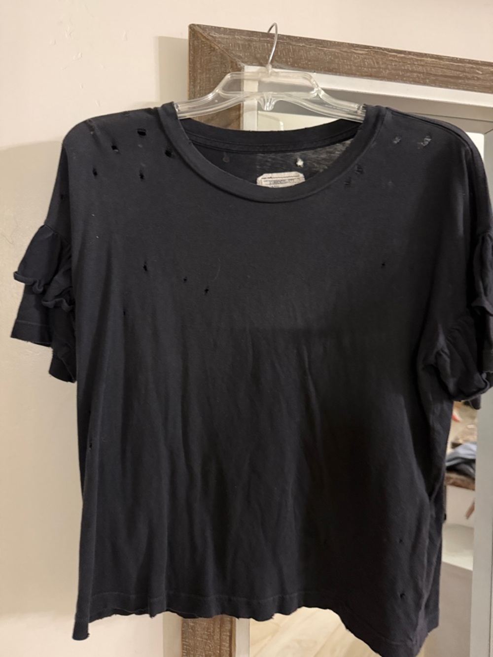 Current/Elliott Black Distressed Ruffle Tee